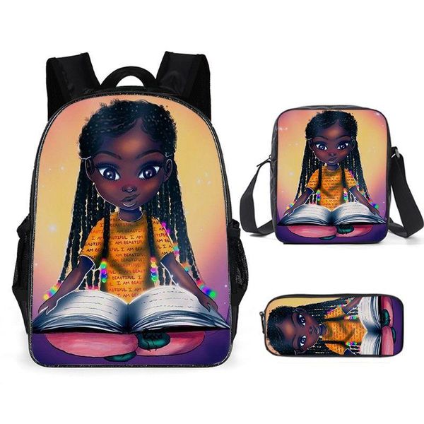 

backpack cartoon characters african girl three pieces school travel casual student backpacks women men kids shoulers bags bookbags