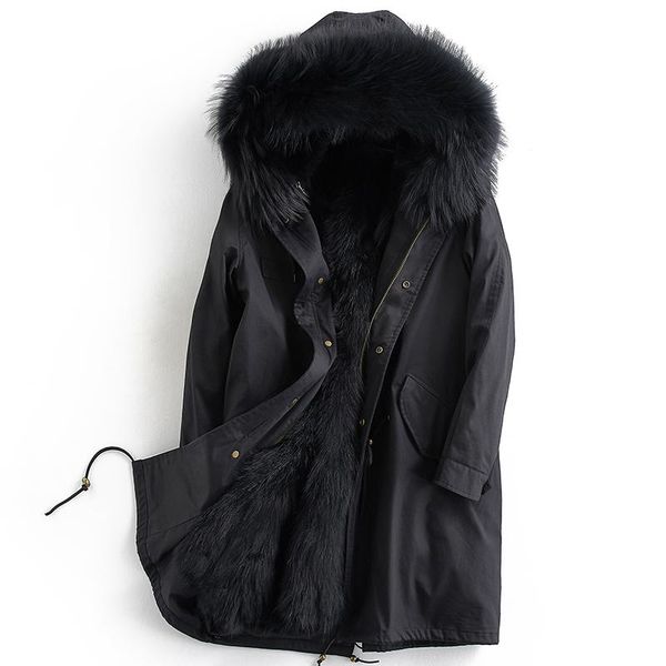 

men's leather & faux real fur coat men parka racoon dog liner winter jacket long jackets parkas hombre invierno ml-pk10 kj1178, Black