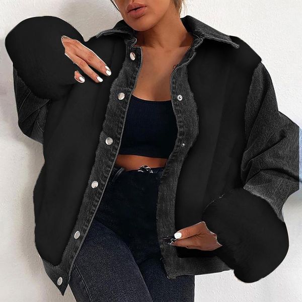 

women's jackets winter clothes women lamb wool coat splicing denim streetwear plush stitching warm female jacket, Black;brown