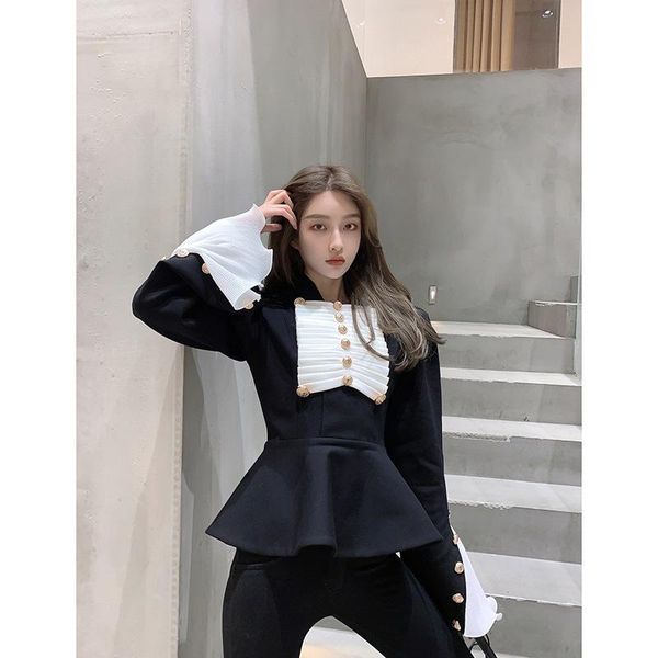 

women's suits & blazers 2021 fashion black notched collar patchwork blazer full sleeve slim fit ruffled metal buttons short y1373, White;black