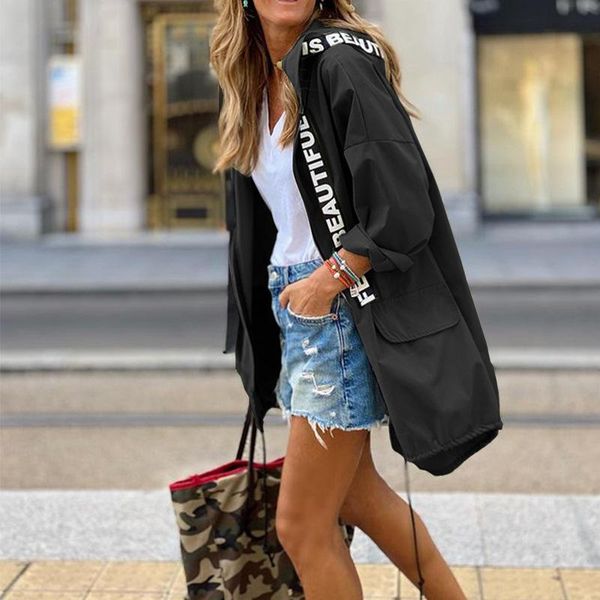 

women's trench coats 2022 spring letters print women long sleeve jacket windbreaker loose pocket cardigan coat autumn drawstring outwea, Tan;black
