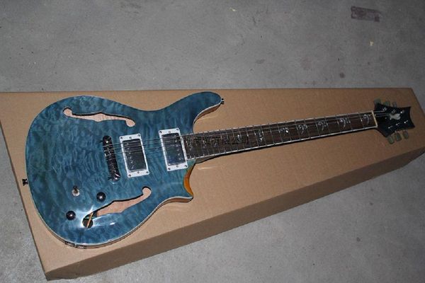 

shipping new arrival birds inlay fingerboard double f hole half a hollow jazz prs dark blue electric guitar @14