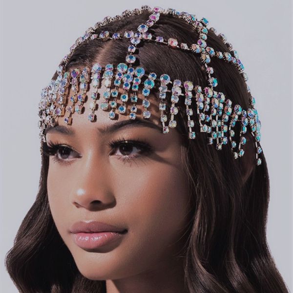 

luxury handmade tassel rhinestone bridal chain hair jewelry hat for women crystal forehead piece flapper cap head band, Golden;silver