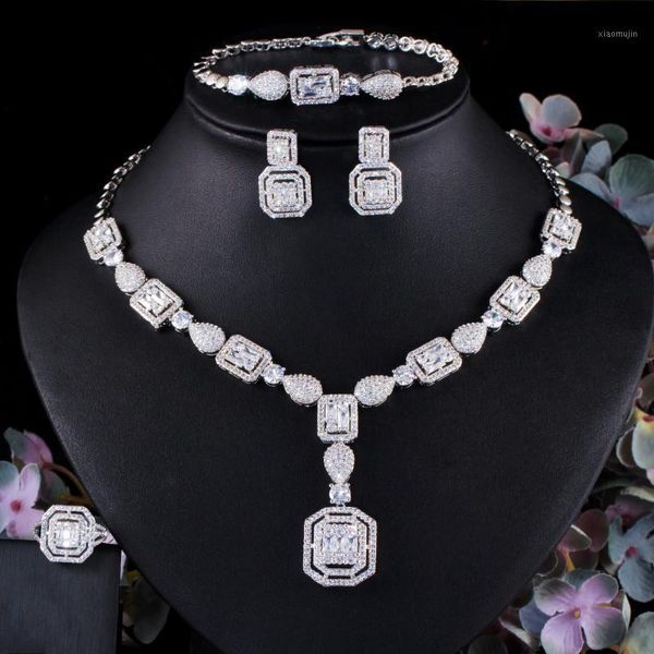 

earrings & necklace wedding bracelet zircon set dress accessories square four piece, Silver