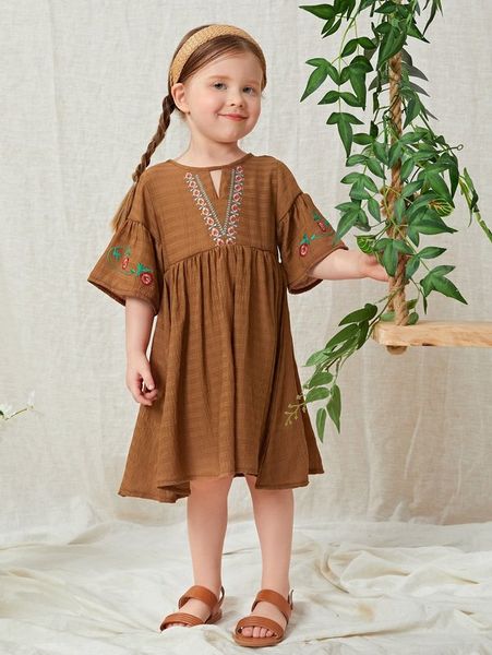 

toddler girls floral embroidered keyhole neck smock dress she, Red;yellow