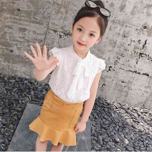 

summer style fashion girls set hollow out design short sleeve t-shirt+skirt 2pcs suit kids clothes children's clothing 210528, White