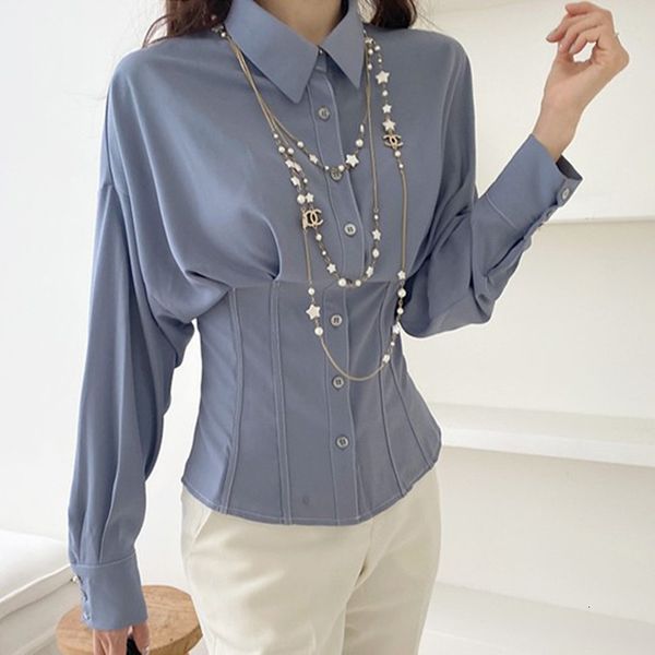 

2021 new women spring solid shirts jackets full sleeve turn-down collar blue oversize casual autumn basic outwear 2ngs, White