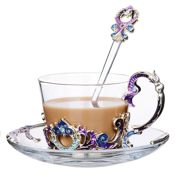 

wine glasses vintage coffee cup saucers set heat-resistant handgrip style enamel round glass water drinkware flower tea