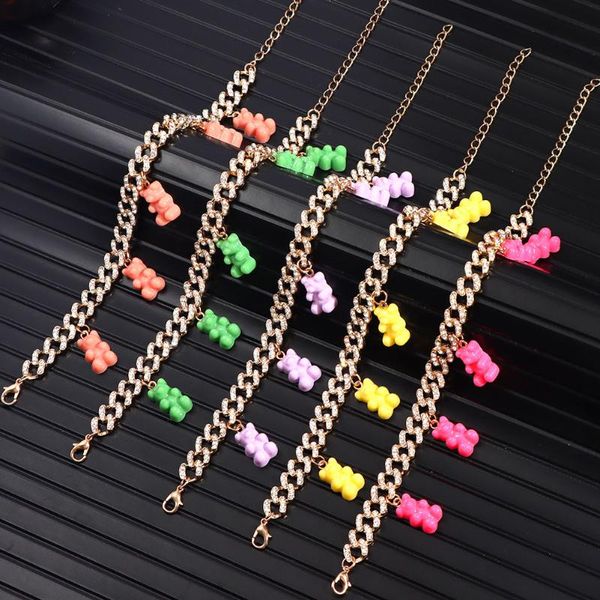 

anklets bling rhinestone gold color cuban link chain gummy bear charm for women fashion leg ankle bracelet beach jewelry, Red;blue
