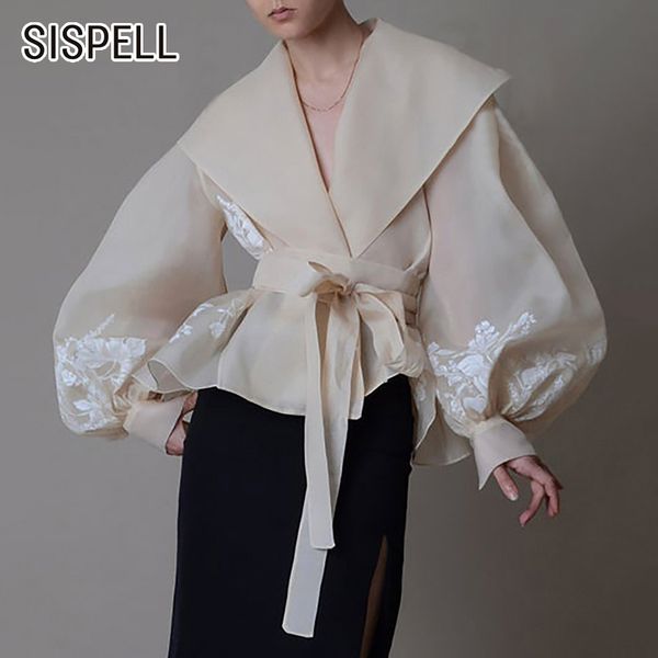 

sispell lantern sleeve for female blouse shirts lapel collar lace up bowknot high waist slim embroidery women's vintage shirt 210225, White