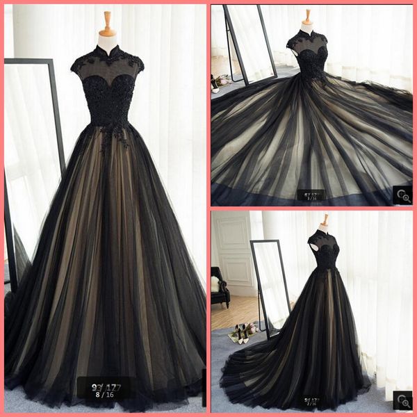 

2021 real picture black champagne tulle ball gown prom dress high neck cap sleeve beaded modest prom party dress muslim formal dresses