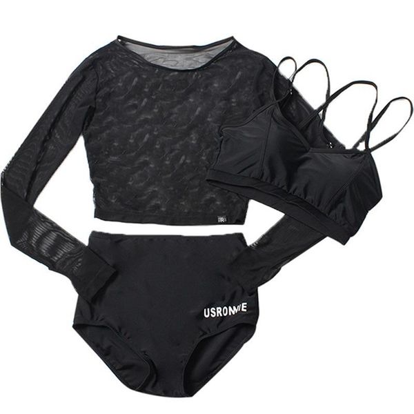 

aisport women sweet mesh perspective solid color high split elastic waist long sleeve three-piece sports sunscreen swimsuit