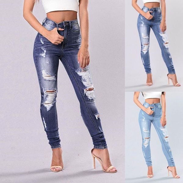 

women's jeans hole button zipper pocket ripped women denim slim elasticity skinny pants effect wide leg #t1g, Blue