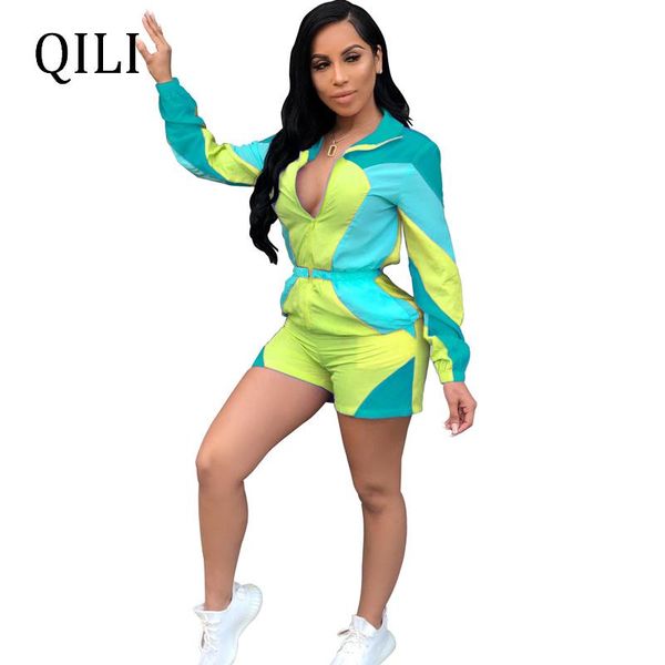 

qili thin jumpsuits women rompers summer long sleeve turn-down collar zipper patchwork colorful rompers casual overalls, Black;white