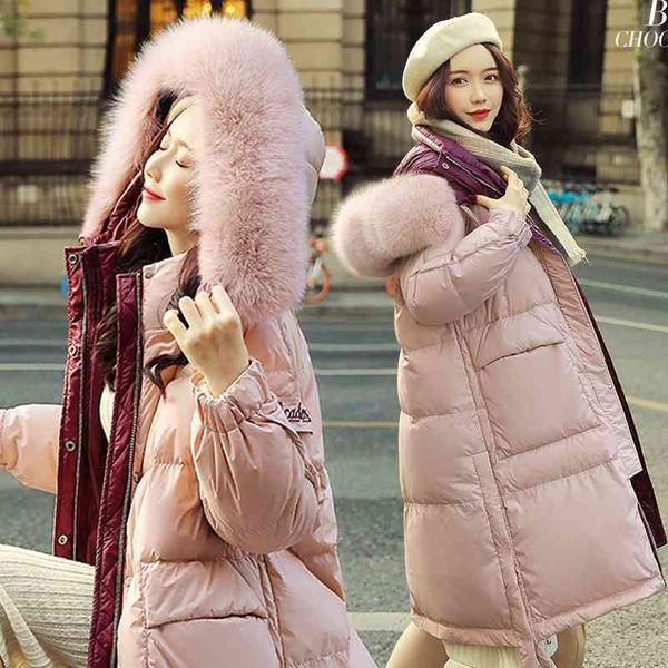 

boutique down jacket women's winter middle and long 2021 korean version loose fashion over knee white duck large hairy collar, Black