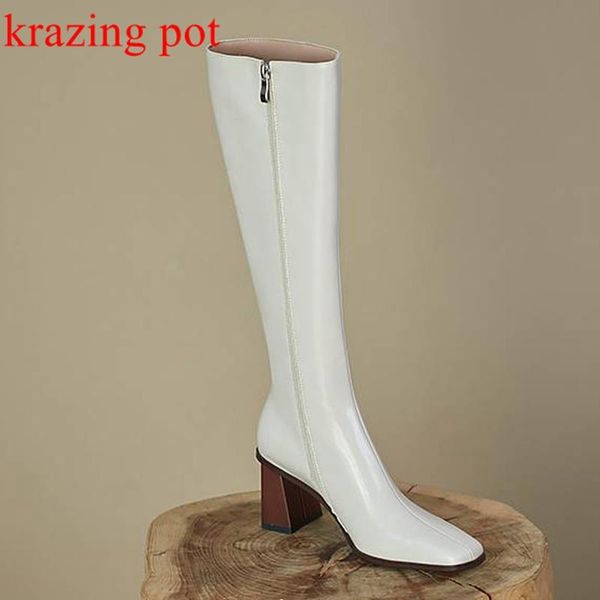 

boots krazing pot full grain leather thick high heels modern square toe winter zip european brand model career knee-high, Black