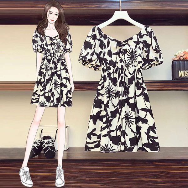 

printed bubble sleeve 2020 summer new large women's dress, Black;gray