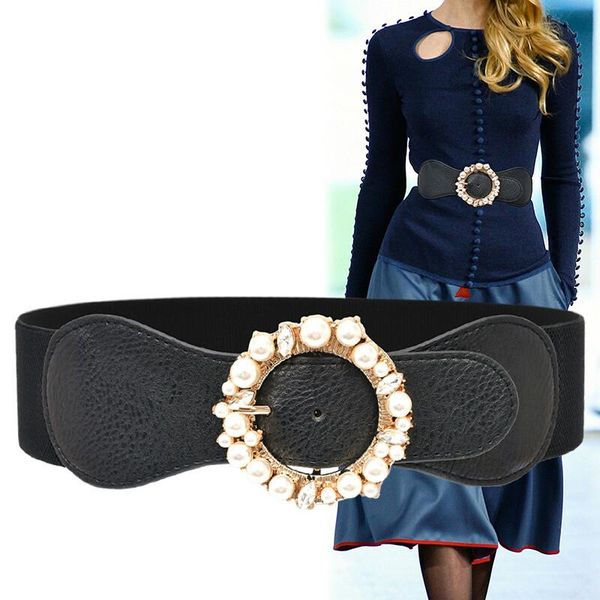 

belts h3489 women waist belt female wide black elastic waistband round buckle diamond pearl decoration korean all-match cummerbunds, Black;brown