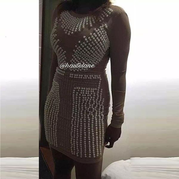

new 2021 barocco designer women's long sleeve luxurious handwork pearl beading diamonds bodycon zj3n, Black;gray