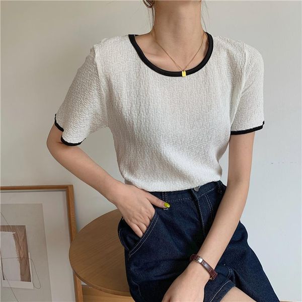 

women's t-shirt limiguyue summer loose women t shirt solid o-neck short sleeve tshirt chic knitted pullover tees gentle casual korean, White