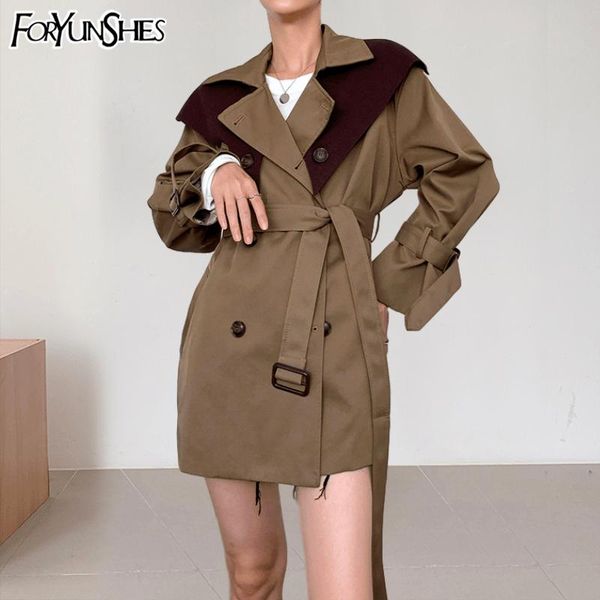 

foryunshes women short trench coat 2021 femme double breasted casual slim belt knitted shawl vintage chic windbreaker outwear, Tan;black