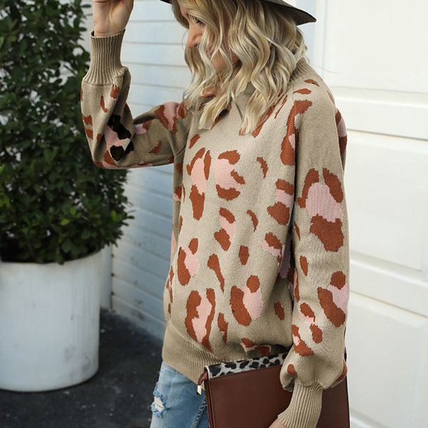 

2021 vintage lantern sleeve loose knitted sweaters women leopard print turtleneck sweater elegant harajuku pullover jumpers new 6de3, White;black