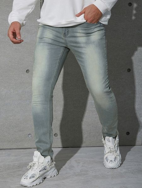 

men bleach wash skinny jeans 98y8#, Blue