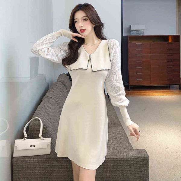 

casual dresses aw2022 splicing knitted dresses medium length solid color pullover versatile a-line skirt, Black;gray