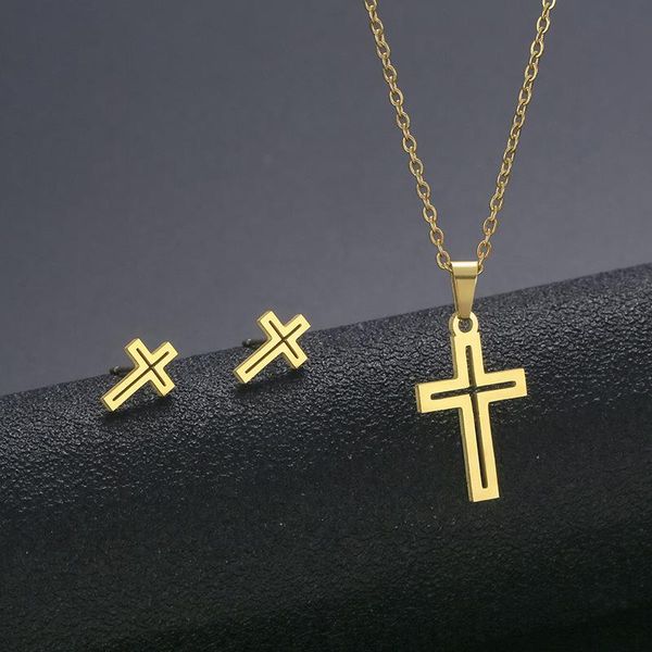 

earrings & necklace stainless steel gold color hollow jesus cross pendant choker for women simple female crucifix jewelry sets, Silver