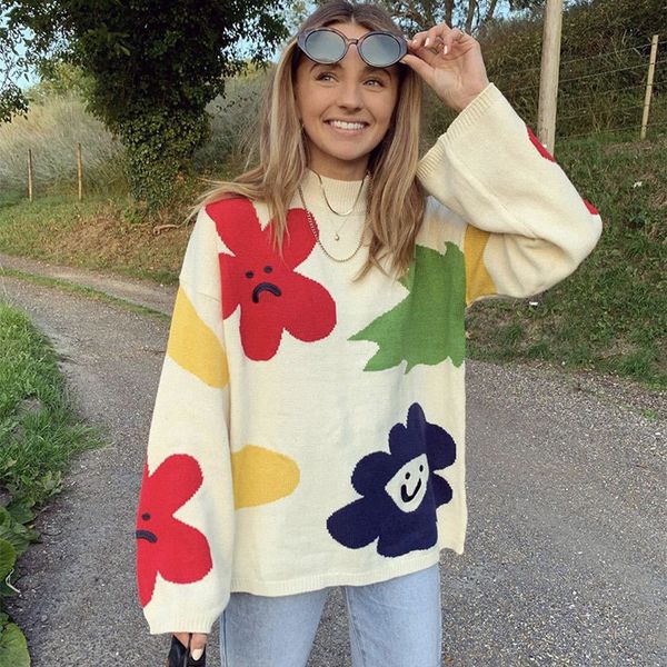 

new fashion flower knitted jumper women autumn winter casual long sleeve oversize chic streetwear sweater 2021 pz5r, White;black