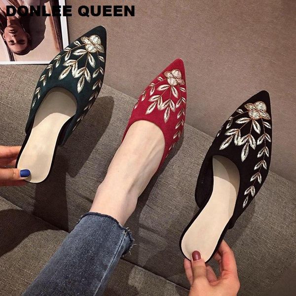 

slippers fashion mules shoes women embroidery flower pointed toe flock flat slip on slides embroider floral flats 2021, Black