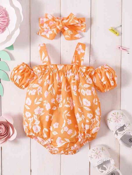 

baby floral print cold shoulder bodysuit & headband she, Blue