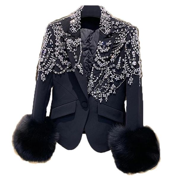 

women's fur & faux women autumn jacket fashion luxury european suit coats with real cuff diamonds female black slim outwear lady clothi