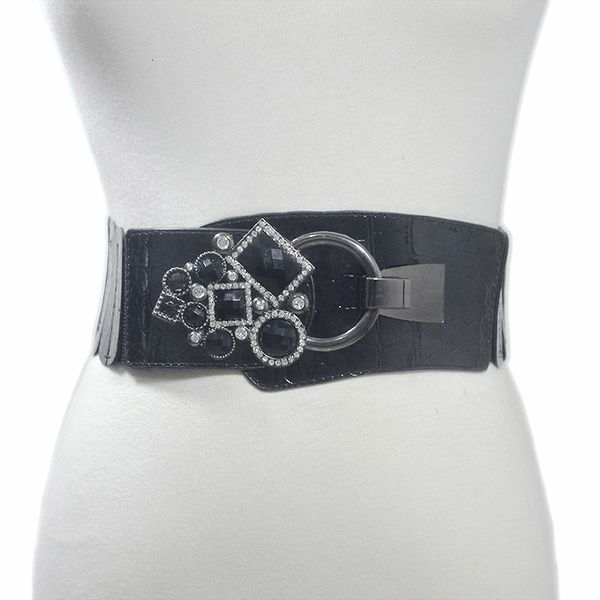 

women's wide waistband new punk imitation leather elastic wide belt with rhinestone inlaid buckle waistband, Black;brown
