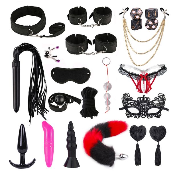 Kits bdsm para adultos, brinquedos sexy para casais, algemas, grampos de mamilo, chicote, plug anal de metal, vibrador, cama exótica, conjunto de bondage