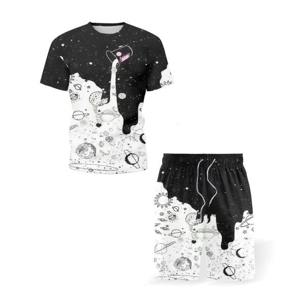 

men's tracksuits milk cup starry sky printing suit casual short-sleeved 2021 summer trend t-shirt and shorts two-piece, Gray