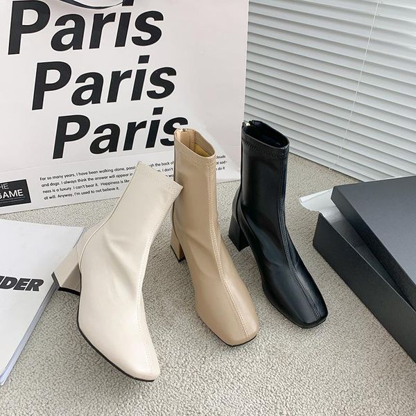 

boots fw2021 square toe thick heel web celebrity boots, short beige medium british for women, Black