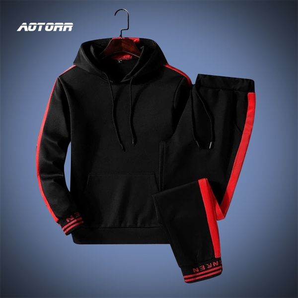 

tracksuit set men sportswear suit autumn winter hooded pullover sweatshirt gyms outfit hoodies sweatpants male 2 piece set 211014, Black