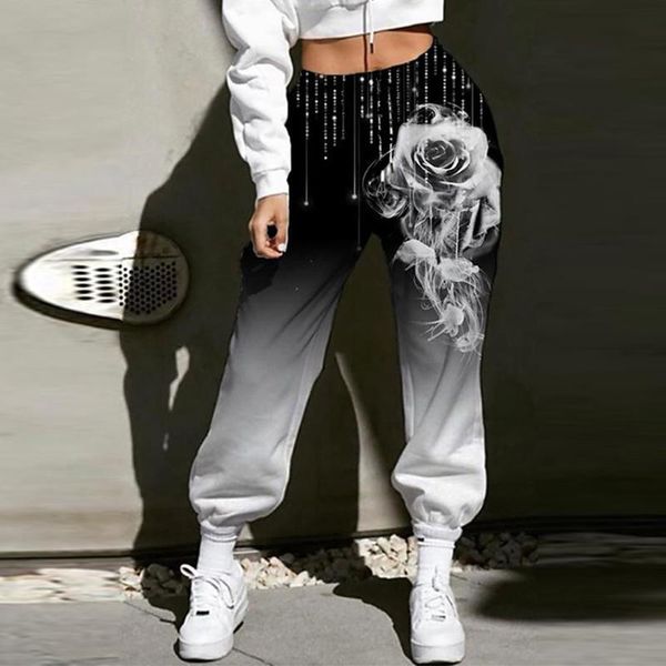 

women's pants & capris 2021 trousers fashion gradient printing loose sweatpants high waist casual + round neck long-sleeved top, Black;white
