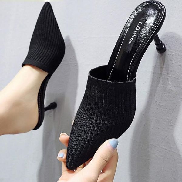

sandals fashion women summer shoes party high heel stiletto flat casual heels gladiator stretch fabric, Black