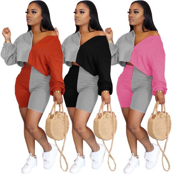 

women's tracksuits 2021 summer arrival suit women style off-shoulder loose stitching color shirt shorts european and american 2 piece s, Gray