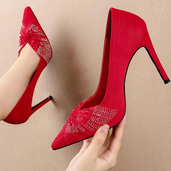 

dress shoes 2021 size 34-40 women 10cm extreme high heels pointed toe eden red rhinestoner bling buckle escarpins party wedding, Black