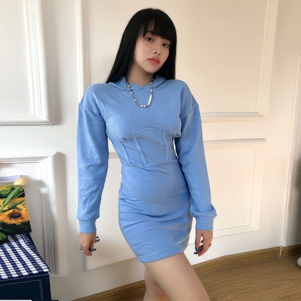 

long sleeve hooded patchwork skinny dress autumn winter women fashion streetwear casual outfits blue mini dress 2021, Black;gray