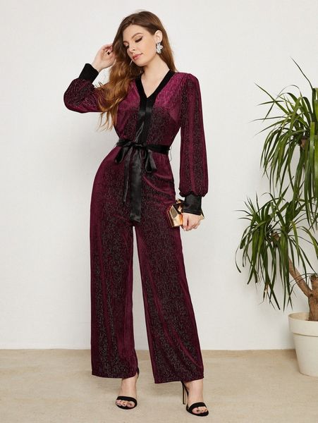 

puff sleeve contrast trim belted velvet jumpsuit c9pp#, White
