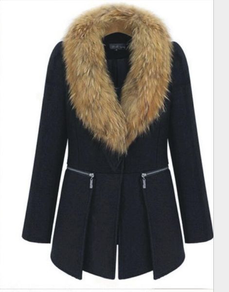 

women's fur & faux european and american fashion styles, plus size woolen coat, station collar mid-length, Black