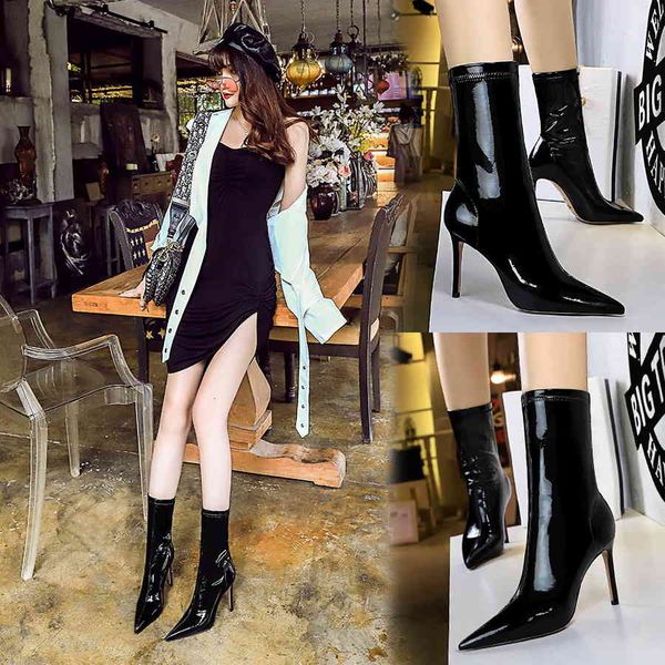 

dress shoes nightclubs finish leather boots elastic pointed ankle winter black calf women's ds-315-13 b17j