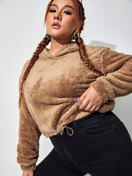 

plus drop shoulder drawstring hem crop teddy hoodie u3sl#, Black