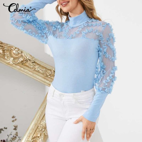 

women's blouses & shirts 2021 celmia women fashion elegant high collar mesh puff long sleeve office tunic casual hollow sheer blou, White