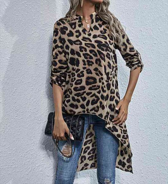 

women leopard irregular blouse short front long back v-neck long sleeve fashion ladies loose shirts autumn spring, White