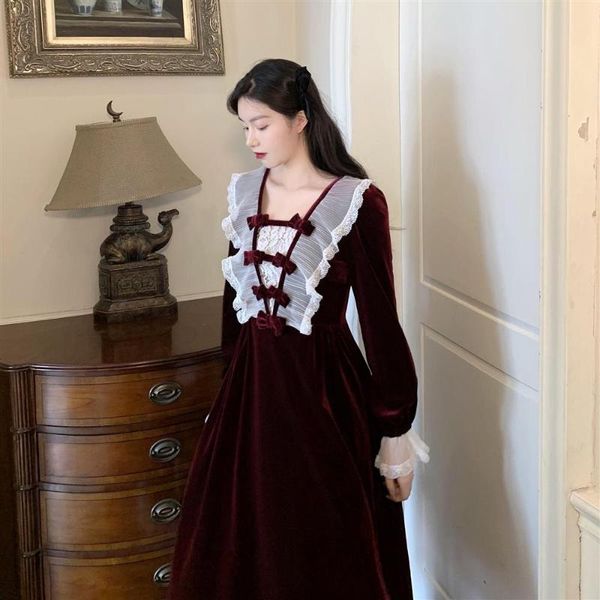 

spring fall vintage red wine velvet patchwork mesh v-neck mid-calf lace long sleeve evening party long women vestidos, Black